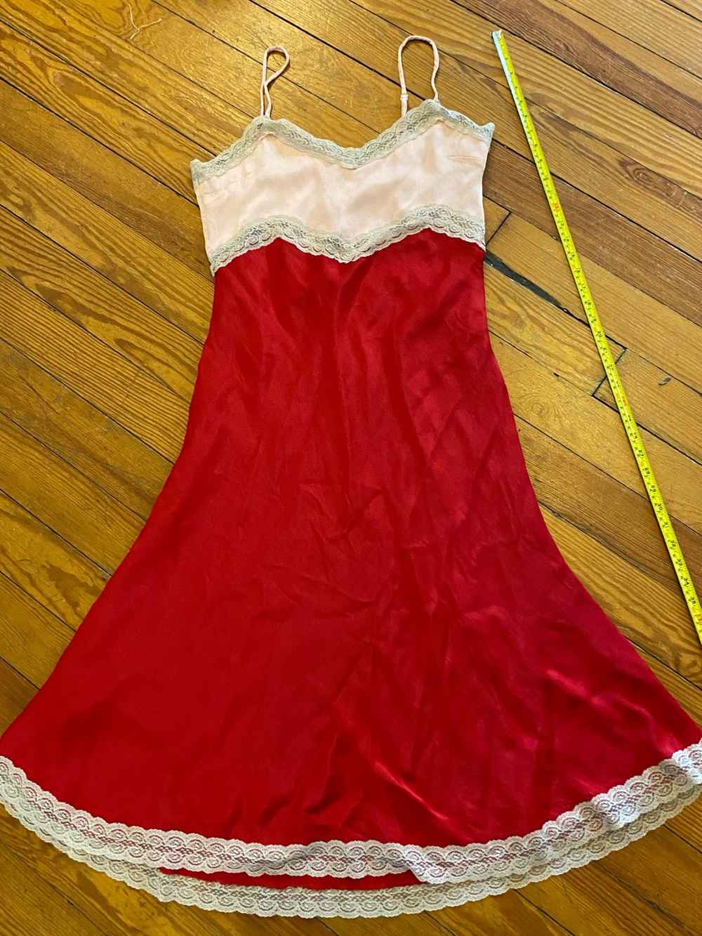 BHLDN Red Pink Satin Lace Slip Midi Dress L Anthropologie